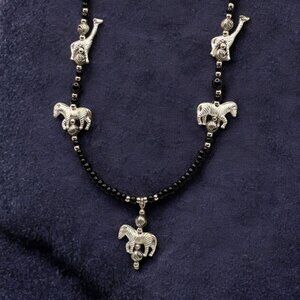 Safari Motif Beaded Necklace Black Silver Tone Zebra Giraffe 26"‎ Vintage 1997